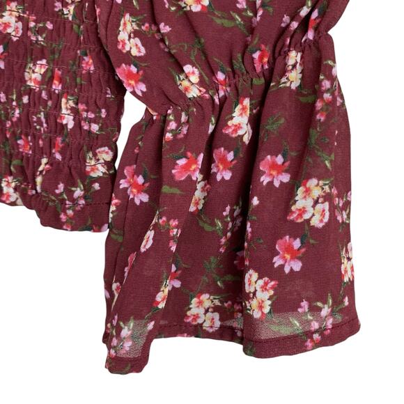 Wild Fable Blouse Cropped Smocked Long Puffy Sleeves Red Floral Boho Women's S - Picture 7 of 9